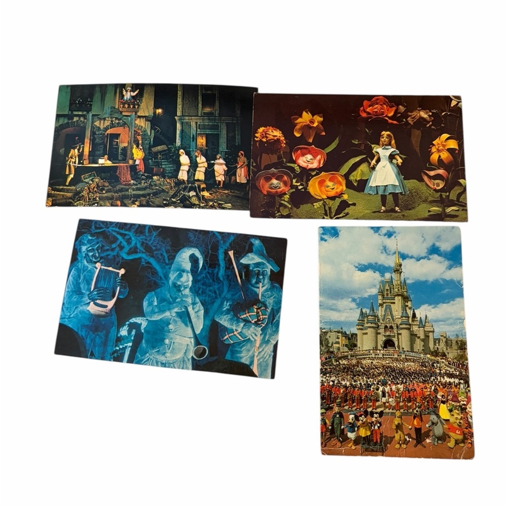 Vintage Disney Postcard Set – Haunted Mansion, Alice in Wonderland, Cinderella
